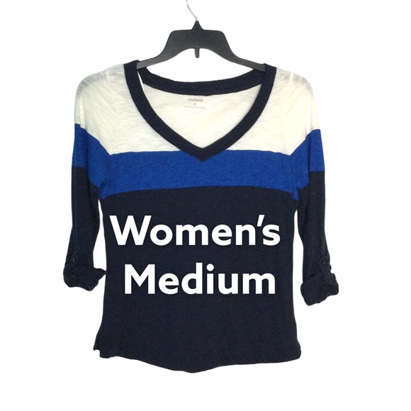 Express Tops - Woman’s Express Medium M 8 - 10 V-Neck Shirt Top Navy Royal White Rolled EUC